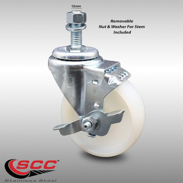 4 Inch SS Nylon Wheel Swivel 12mm Threaded Stem Caster with Brake SCC